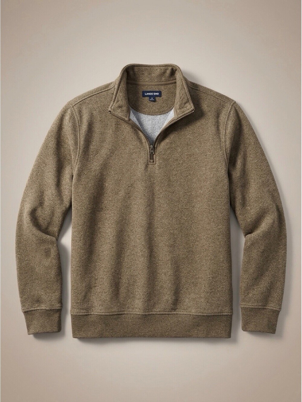 Lands End Mens Tan Heather 1/4 Zip Pullover Sweater Mock Neck Large Preppy